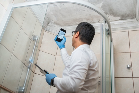 Man inspecting mold in bathroom