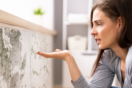 Shocked Woman Looking At Mold On Wall